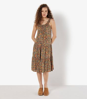 Apricot Brown Printed Midi Dress