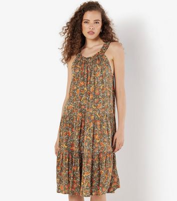 Apricot Brown Printed Midi Dress