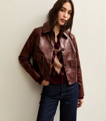 Burgundy Creased Faux Leather Jacket