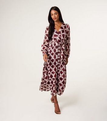 Blue Vanilla Burgundy Patterned Wrap Midi Dress