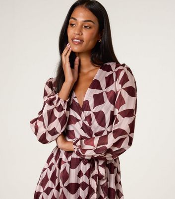Blue Vanilla Burgundy Patterned Wrap Midi Dress