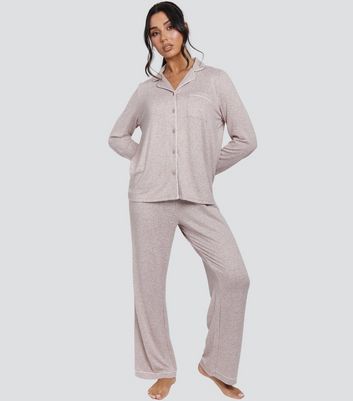 Loungeable Light Brown Rib Super Soft Brushed Marl Buttoned Pyjama Set