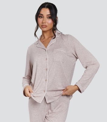 Loungeable Light Brown Rib Super Soft Brushed Marl Buttoned Pyjama Set