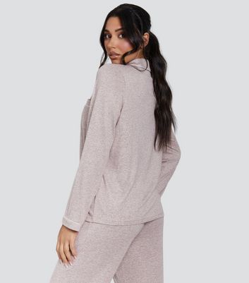 Loungeable Light Brown Rib Super Soft Brushed Marl Buttoned Pyjama Set