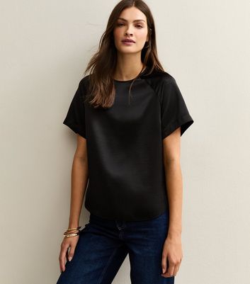 Tall Black Satin Short Sleeve Top
