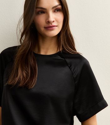 Tall Black Satin Short Sleeve Top