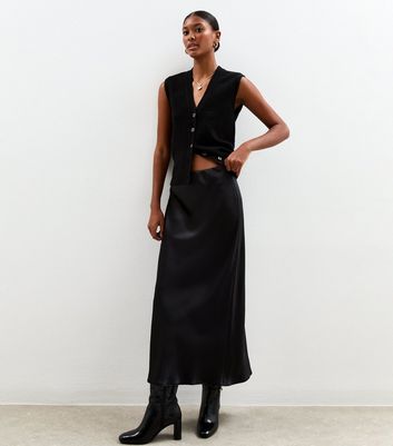 Black Satin Bias Cut Midi Skirt 5 Black Satin Bias Cut Midi Skirt