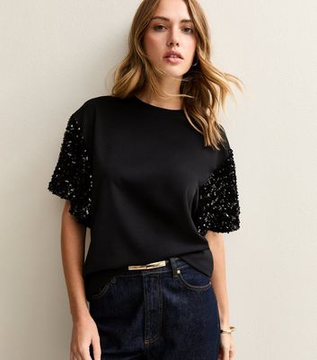 Black Sequin Sleeve Short Sleeve Top 4 Black Sequin Sleeve Short Sleeve Top