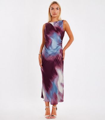 QUIZ Purple Satin Abstract Midaxi Dress