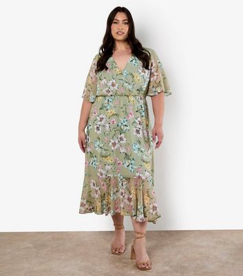 Apricot Curves Green Floral Print Chiffon Midi Dress
