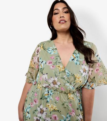 Apricot Curves Green Floral Print Chiffon Midi Dress