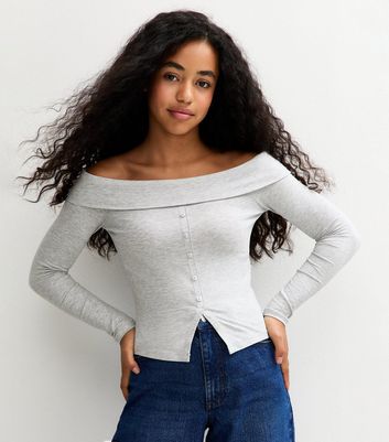 Girls Grey Long Sleeve Faux Button Bardot Top