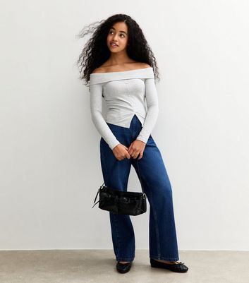 Girls Grey Long Sleeve Faux Button Bardot Top