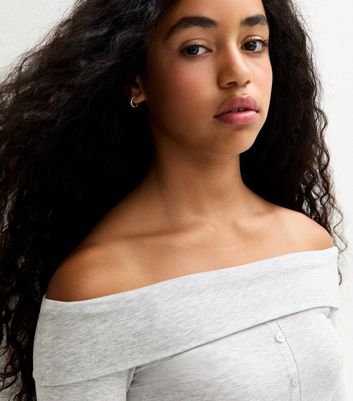 Girls Grey Long Sleeve Faux Button Bardot Top 3 Girls Grey Long Sleeve Faux Button Bardot Top