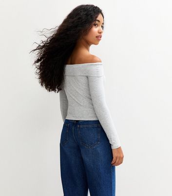Girls Grey Long Sleeve Faux Button Bardot Top 4 Girls Grey Long Sleeve Faux Button Bardot Top