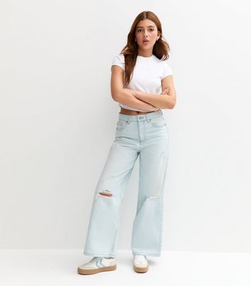 Girls Light Blue Busted Knee Super Wide Leg Jeans