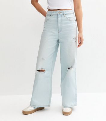 Girls Light Blue Busted Knee Super Wide Leg Jeans