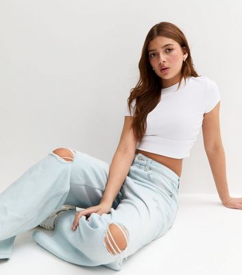 Girls Light Blue Busted Knee Super Wide Leg Jeans 4 Girls Light Blue Busted Knee Super Wide Leg Jeans