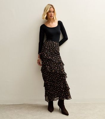 Black Floral Ruffled Bias Cut Midi Skirt