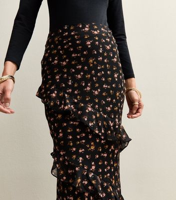 Black Floral Ruffled Bias Cut Midi Skirt