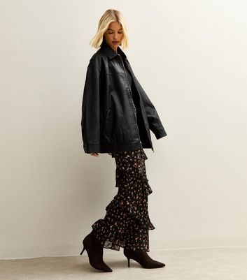 Black Floral Ruffled Bias Cut Midi Skirt 3 Black Floral Ruffled Bias Cut Midi Skirt