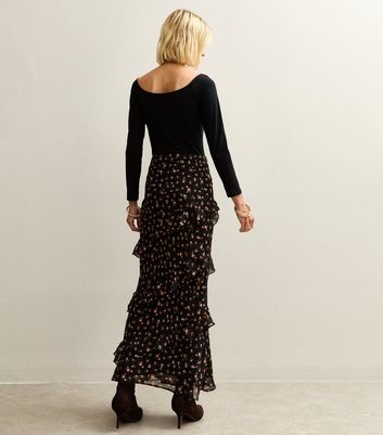 Black Floral Ruffled Bias Cut Midi Skirt 4 Black Floral Ruffled Bias Cut Midi Skirt