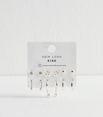 Silver Tone Pack of 6 Assorted Stud and Hoop Earrings