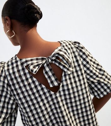 Black Check Pattern Bow Back Puff Sleeve Top