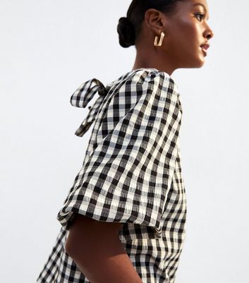 Black Check Pattern Bow Back Puff Sleeve Top