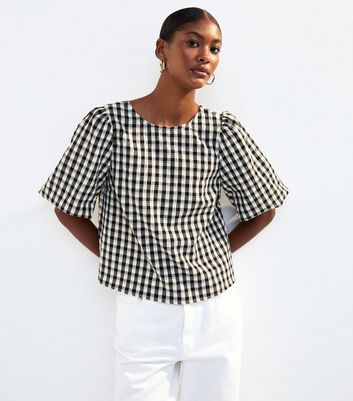Black Check Pattern Bow Back Puff Sleeve Top 3 Black Check Pattern Bow Back Puff Sleeve Top