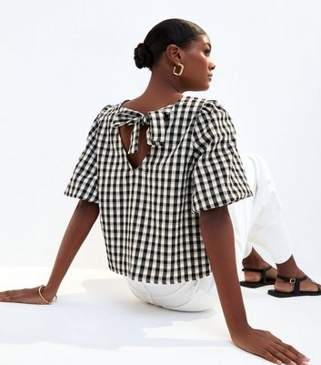 Black Check Pattern Bow Back Puff Sleeve Top 4 Black Check Pattern Bow Back Puff Sleeve Top