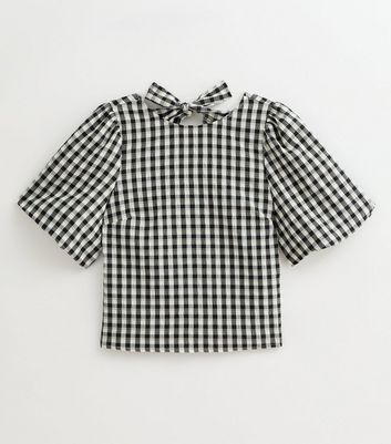 Black Check Pattern Bow Back Puff Sleeve Top 6 Black Check Pattern Bow Back Puff Sleeve Top