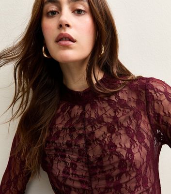 Burgundy Ruched Lace Long Sleeve Bodysuit