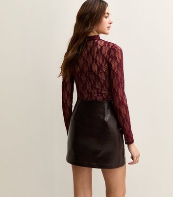 Burgundy Ruched Lace Long Sleeve Bodysuit 4 Burgundy Ruched Lace Long Sleeve Bodysuit