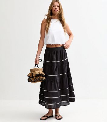 Black Ric Rac Tiered Midi Skirt