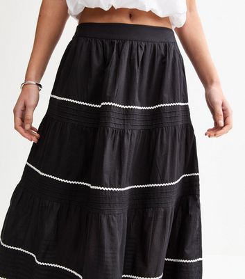 Black Ric Rac Tiered Midi Skirt