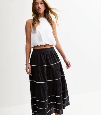 Black Ric Rac Tiered Midi Skirt 4 Black Ric Rac Tiered Midi Skirt