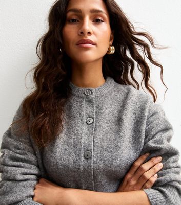 Grey Crew Neck Knit Cardigan