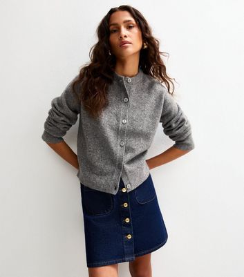 Grey Crew Neck Knit Cardigan