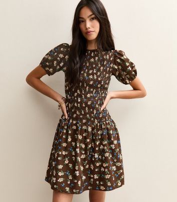 Brown Floral Shirred Mini Dress