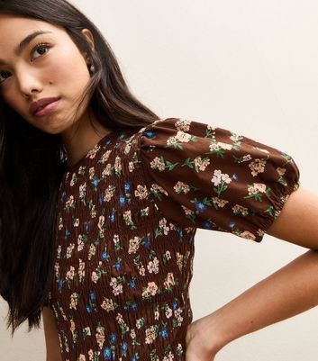 Brown Floral Shirred Mini Dress