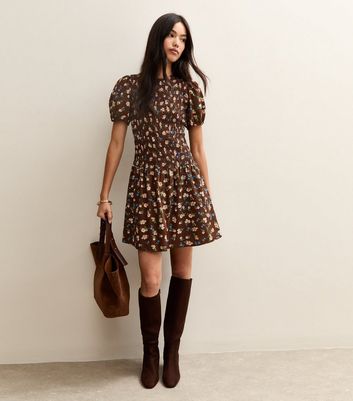 Brown Floral Shirred Mini Dress