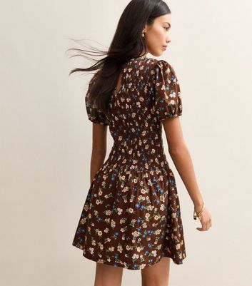 Brown Floral Shirred Mini Dress