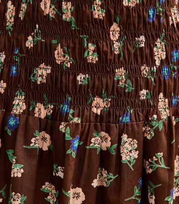 Brown Floral Shirred Mini Dress
