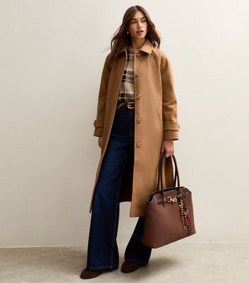 Tan Button Front Belted Midi Coat