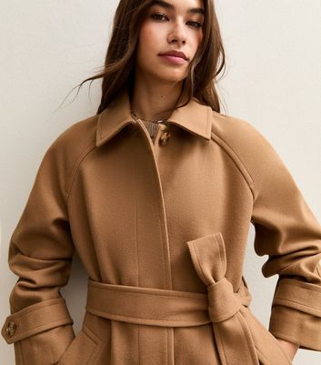 Tan Button Front Belted Midi Coat
