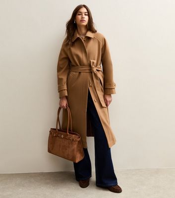 Tan Button Front Belted Midi Coat