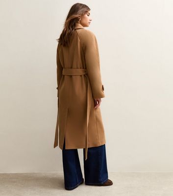 Tan Button Front Belted Midi Coat