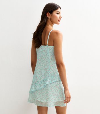 Blue Floral Print Chiffon Frill Trim Mini Dress
