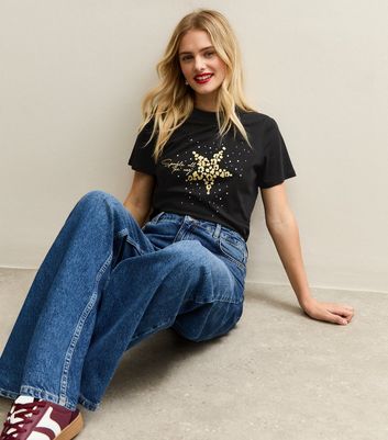 Black Leopard Pattern Star Print T-Shirt